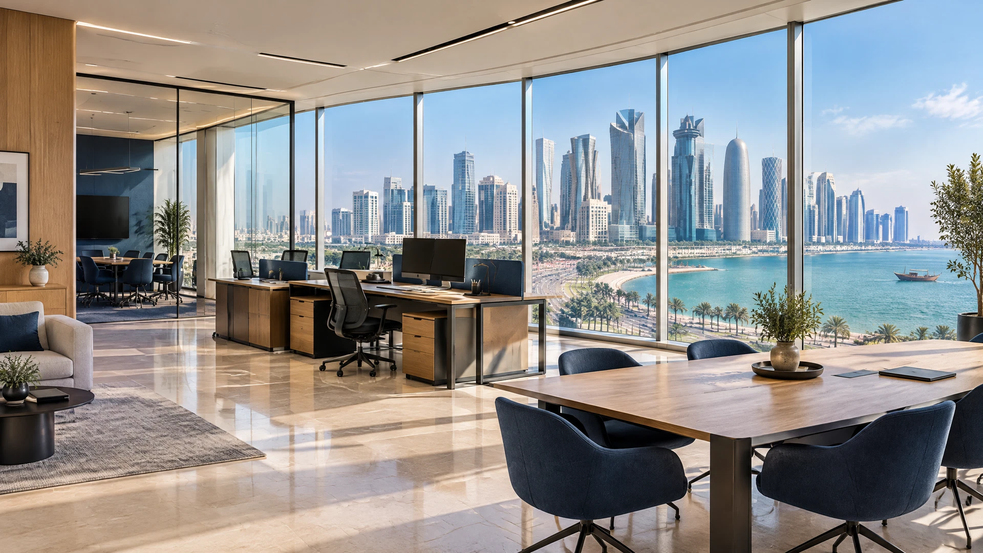 High-floor professional office overlooking Doha Corniche and West Bay